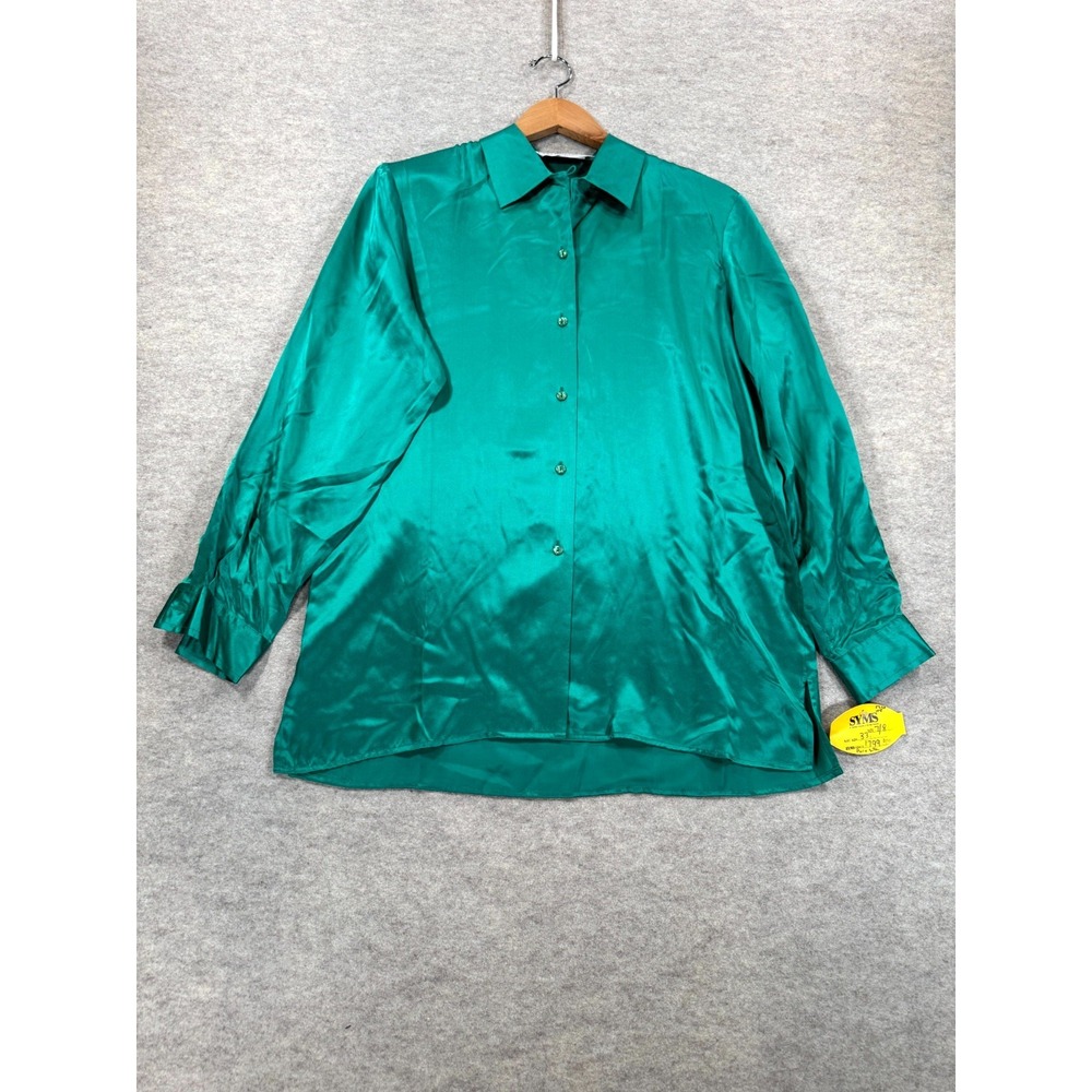 Carlies Court Blouse Women 8 Emerald Green Silk Glossy High Low Hem Button Front